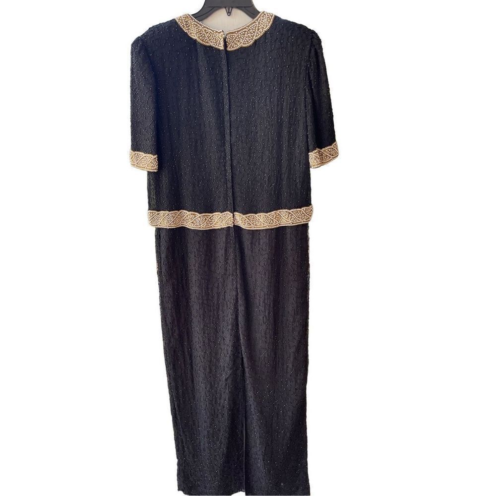 Camille Marie Womens Black Gold Beaded Silk Cocktail Dress Evening Gown Large
